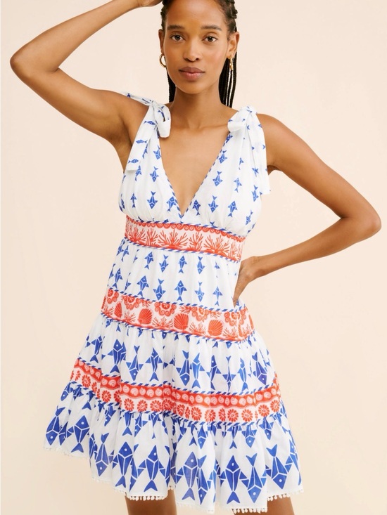 FARM Rio Dresses & Skirts - FARM Rio White Mini Dress with Blue Geometric and Red Coral Trim